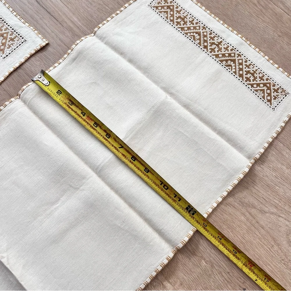 Vintage 16 PCs Beige Linen Lace Brown Embroidered Placemat‎ & Napkins Beautiful
